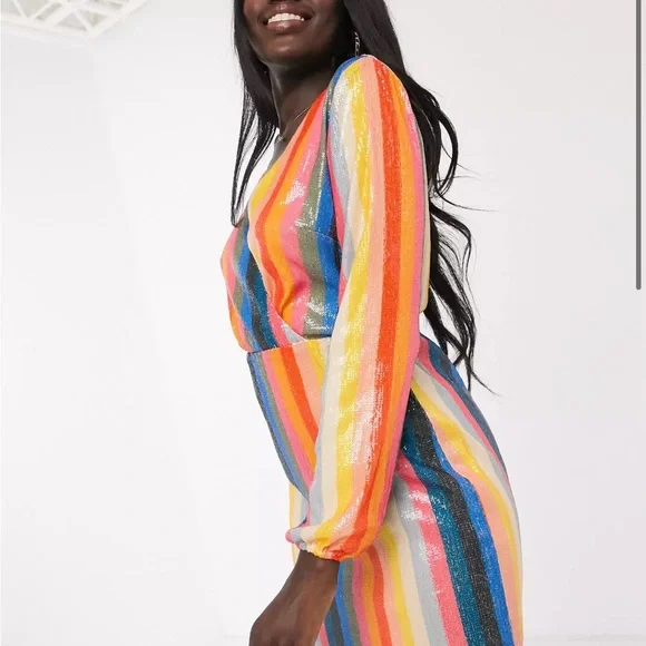 Rainbow Sequin Multicolor Striped Long Sleeve Dress - Picture 5 of 5